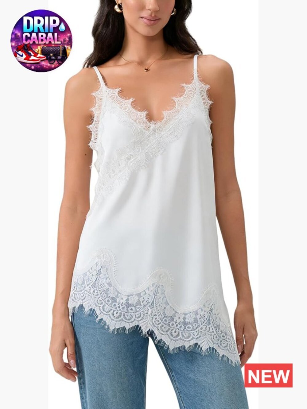 Satin Lace Camisole Top V Neck Spaghetti Strap Long Asymmetrical Hem Flowy
